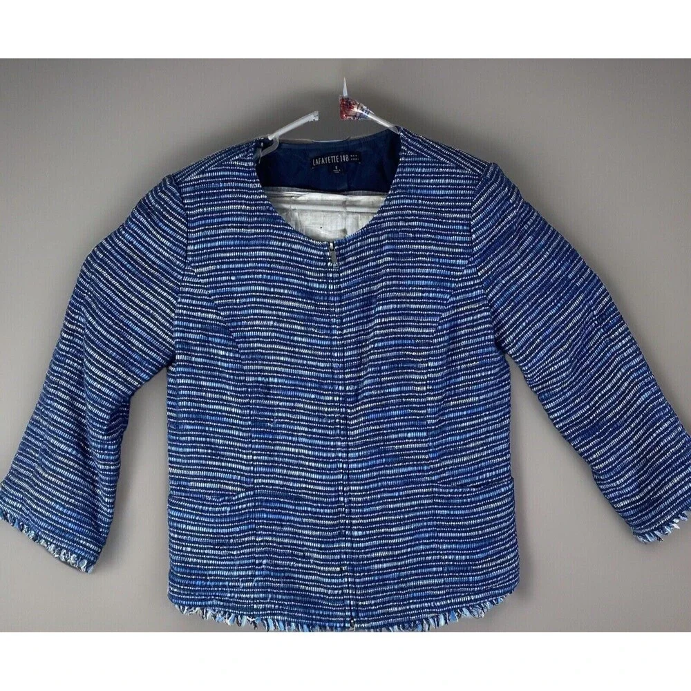 Lafayette 148 Woman’s Size 8 Blue Purple Blazer Cotton Blend Fringed Edges